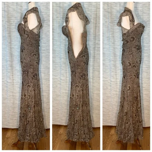 Nina Austin brown and tan floral evening gown. - Picture 8 of 14